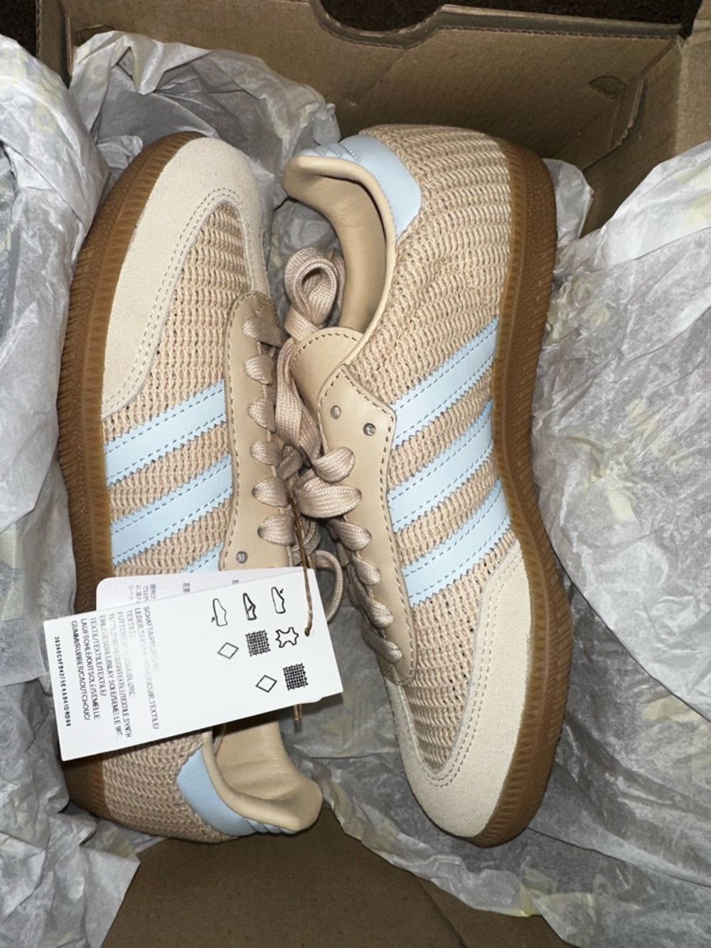 adidas Beige Knit Sneakers with Light Blue Stripes and Gum Sole
